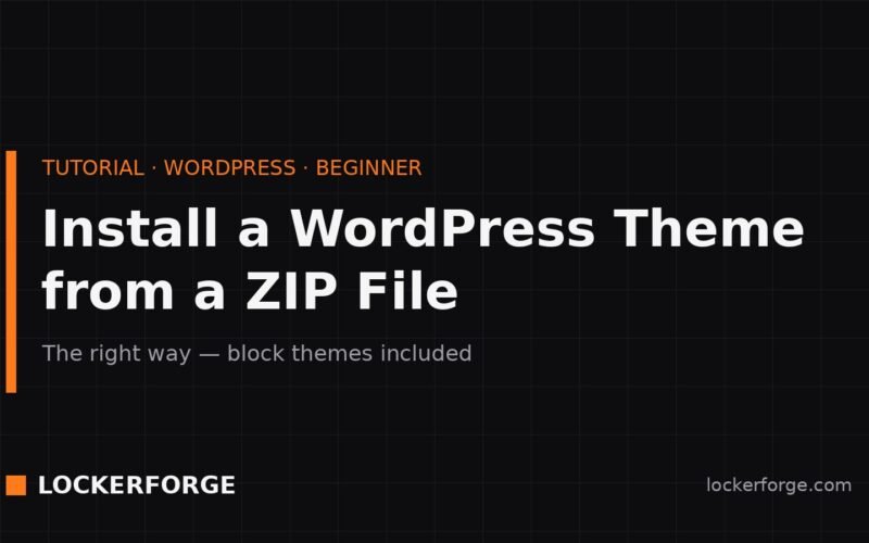 Title card for the LockerForge tutorial "Install a WordPress Theme from a ZIP File — the right way, block themes included."