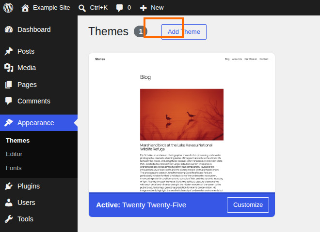 The WordPress Themes screen in the dashboard, with the Add Theme button at the top.
