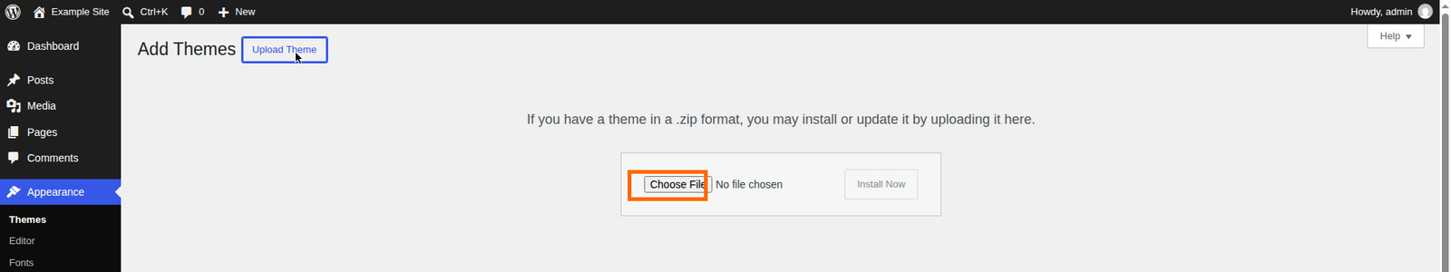 The Add Themes screen with the upload form open: a Choose File button and the Install Now button.