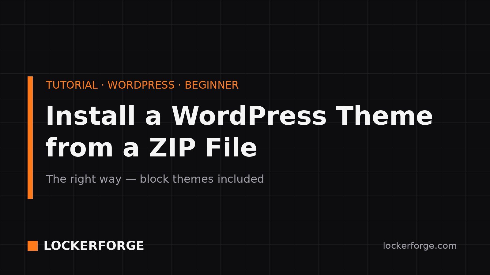 Title card for the LockerForge tutorial "Install a WordPress Theme from a ZIP File — the right way, block themes included."