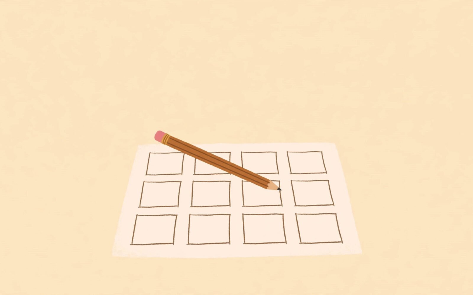 A pencil resting on a blank sheet of paper with a hand-drawn grid, on a warm plain background.
