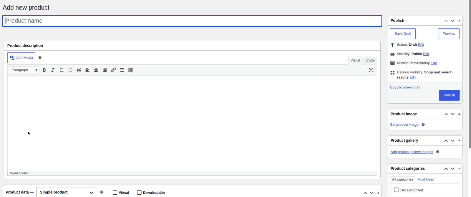 The Add New product screen in WooCommerce, with an empty product name field at the top and the Product data panel below it.