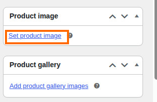 The Product image and Product gallery panels in the right-hand column of the product editor, with the Set product image link highlighted.