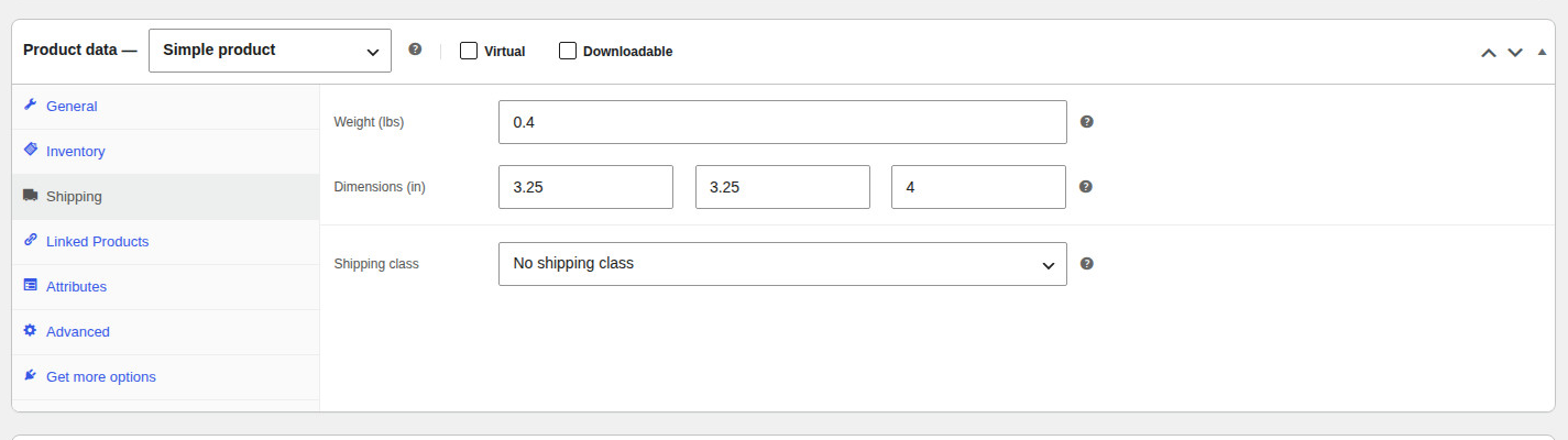 The Shipping section of the Product data panel, with Weight set to 0.4 and the length, width, and height fields filled in for the example candle.