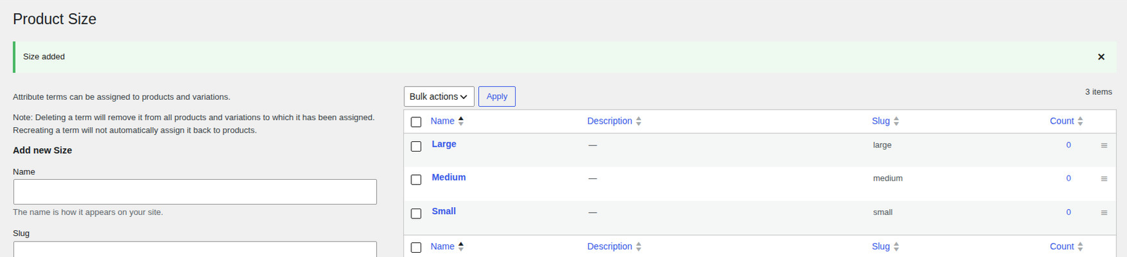 The Configure terms screen for the Size attribute, listing the terms Small, Medium and Large.
