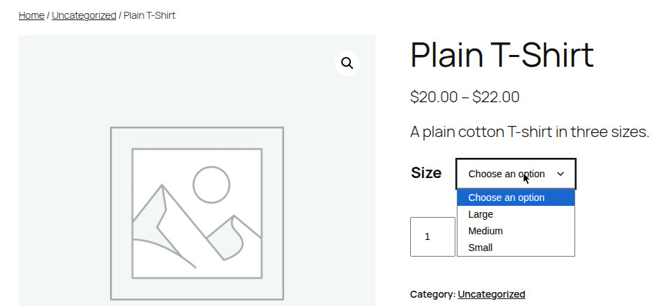 A customer's view of the T-shirt product page, with the Size dropdown open showing Choose an option, Small, Medium and Large.